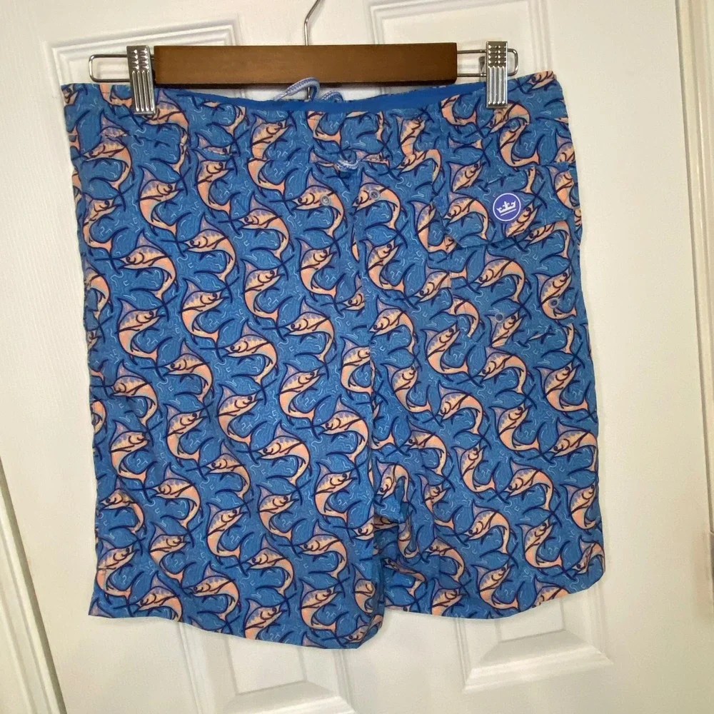 Peter Millar Boys Blue Marlin Fish Print Swim Trunks Board Shorts Size XL
